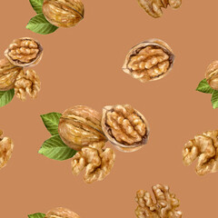 Seamless Watercolor Walnut Pattern on Kraft Paper Background