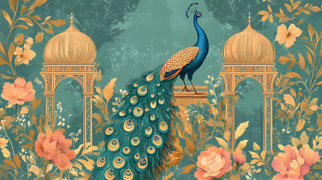 Modern pattern of a mughal garden with a peacock and palace. Ottoman Palace. Illustration