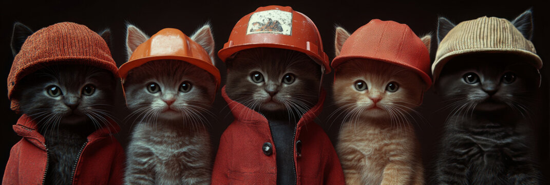 Five adorable kittens wearing construction hats.