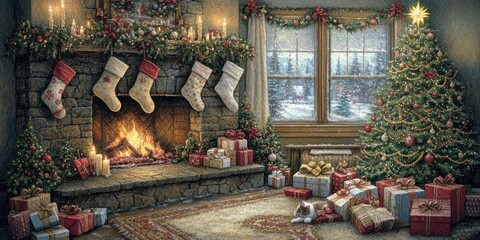 Cozy Christmas Living Room Scene with Tree, Stockings, and Fireplace - Perfect Holiday Atmosphere with Gifts and Warm Ambience