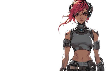 Anime girl with red hair and headphones on a white background