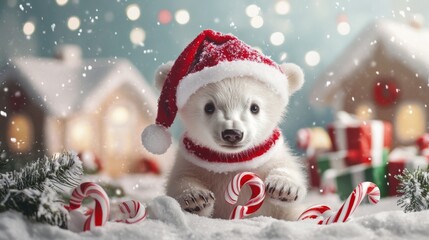A Polar Bear Cub Dressed in Santa Hat and Scarf with Candy Canes in the Snow