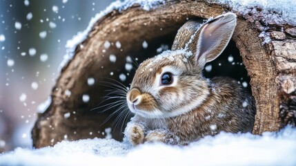 Obraz premium A Brown Rabbit Peeking Out From a Snowy Log