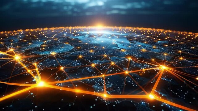 Abstract futuristic background featuring a global network connecting points of light, symbolizing international trade and financial transactions