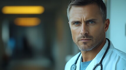 Fototapeta premium A serious male doctor with a stethoscope around his neck, looking directly at the camera.