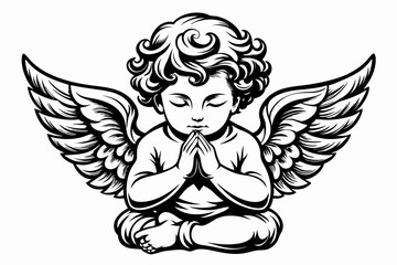 A detailed black and white vector illustration of a baby cherub sitting with its hands together in prayer. baby angel thinking silhouette vector art illustration