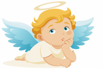 A detailed black and white vector illustration of a baby cherub sitting with its hands together in prayer. baby angel thinking silhouette vector art illustration