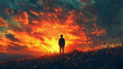 Fototapeta premium A man stands on a hillside in front of a sunset