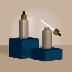 Bottles with a pipette. 3D rendering. Can be used to create product presentations, labels, packaging for cosmetics, shampoos, care products, vitamins and supplements.