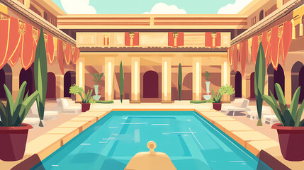 Roman bathhouses with festival banners, ancient relaxation spot repurposed, flat design illustration. Roman Bathhouse. Illustration