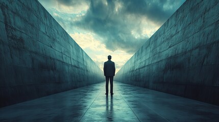 Obraz premium A man stands in a long, dark tunnel