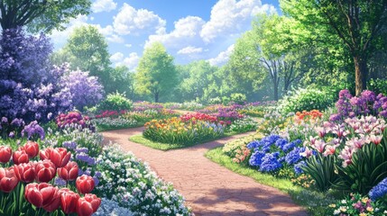 Obraz premium A winding path through a vibrant floral garden on a sunny day.