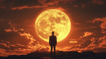 A man stands in front of a large orange moon