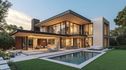 Fototapeta premium Luxury contemporary house with pool, lawn, and outdoor lounge area. generative ai