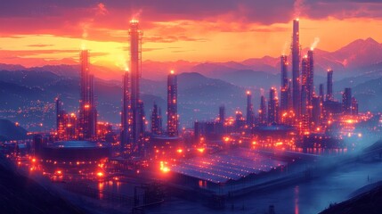 Naklejka premium A glowing industrial complex with tall towers and pipes stands against a dramatic sunset sky, with a river flowing in the foreground and mountains in the background.