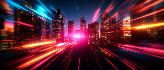 Fototapeta premium Vibrant city skyline with dynamic light trails and neon reflections at night.