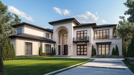 Fototapeta premium Luxury home exterior, modern design with lawn and driveway. generative ai