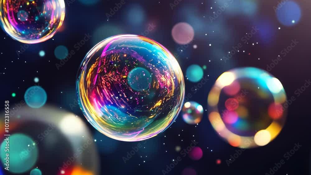 Poster colorful soap bubbles floating on a dark background, abstract art concept
