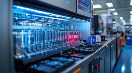 Naklejka premium Automated machinery in a cleanroom setting with blue and red lights, glass vials and machinery.