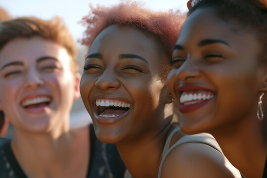 Three women with curly hair and pink hair are smiling and laughing together