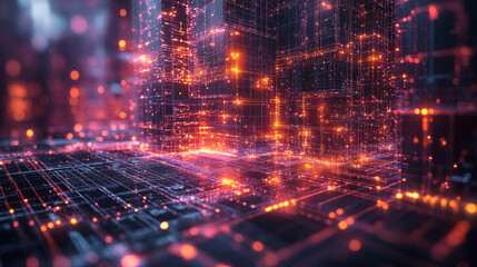 Fototapeta premium Abstract digital city with glowing lines.