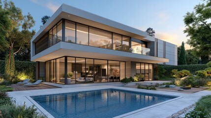 Luxury modern home with pool, garden, and sleek architectural design. generative ai