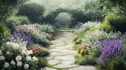 Fototapeta premium A Stone Path Through a Lush, Flower-Filled Garden