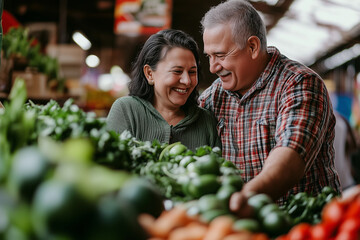 Obraz premium A man and woman are shopping for vegetables at a market