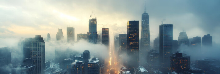 A foggy cityscape with skyscrapers in the background.