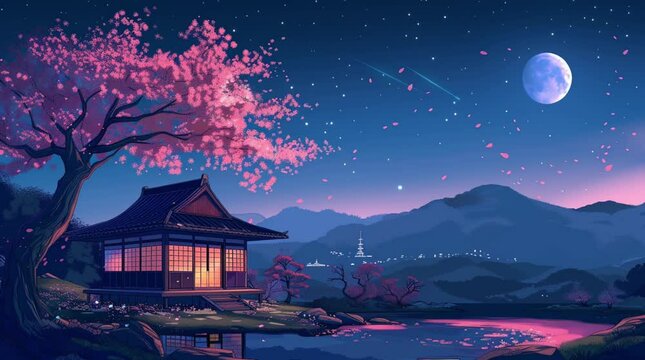 Enchanting glowing house beside a sakura tree against majestic mountains in a fantasy night landscape
 Seamless looping 4k time-lapse virtual video animation Generated AI