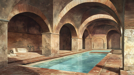 Fototapeta premium Roman bathhouse's underground chambers with heating systems and pools. Roman Bathhouse. Illustration