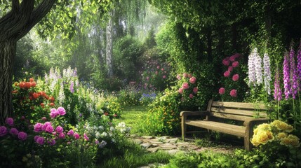 A Secluded Bench Amidst Blooming Flowers in a Lush Garden
