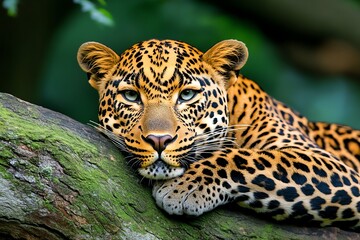 Obraz premium A leopard resting in a tree, its spotted coat blending into the foliage, symbolizing stealth and the hidden beauty of the African wilderness