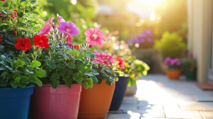 Fototapeta premium Colorful potted flowers in a sunny backyard