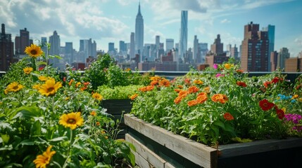 A Rooftop Garden With Sunflowers and Zinnias Against a City Skyline