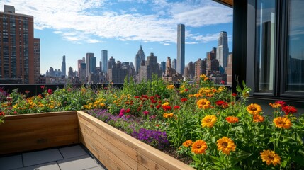 Fototapeta premium Rooftop Garden with City Skyline in the Background