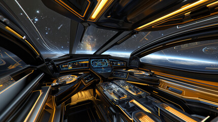 Commanding the Future: Futuristic Spaceship Cockpit with Large Digital Displays