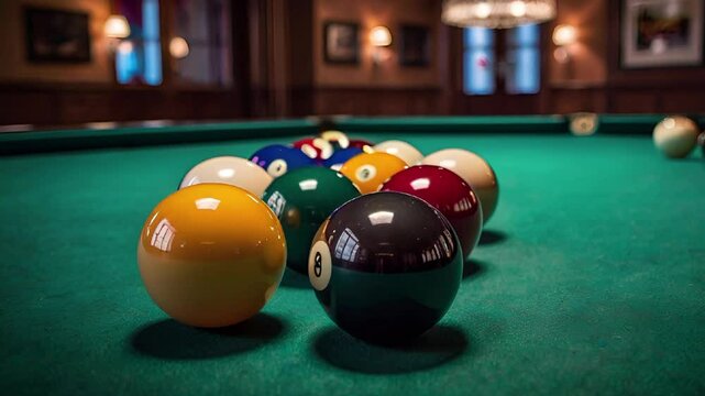 An American pool table with shiny, colorful billiard balls neatly arranged, video 