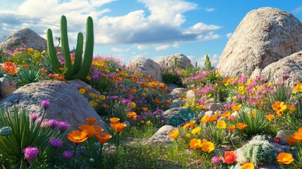Desert Wildflowers Blooming Amidst Rocks and Cacti
