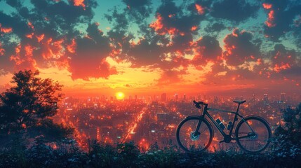 A bicycle silhouette on a hilltop overlooking a city skyline at sunset.