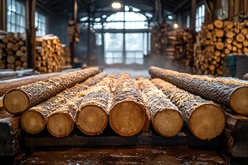 Closeup of freshly cut logs in a sawmill, covered in sawdust.