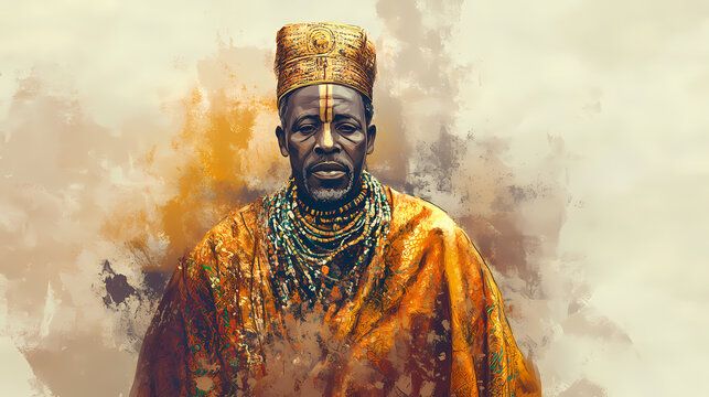 Tribal chief wearing a golden robe, tribal, chief, african, leader, robe, gold, traditional, culture, ethnicity, regal. African Tribal Ceremony. Illustration