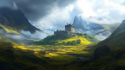 The rugged beauty of the scottish highlands with a castle in the distance. Scottish Highlands. Illustration