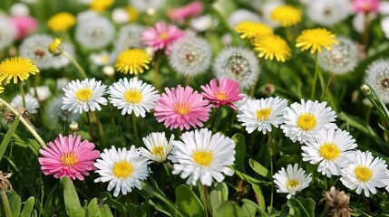 Fototapeta premium Colorful Field of Flowers with Dandelions and Daisies