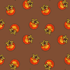 Seamless pattern with ripe orange persimmons on brown, featuring whole fruits in a bright and fresh design, perfect for fabric, wallpaper, kitchen decor, ideal for fruit-themed and seasonal projects