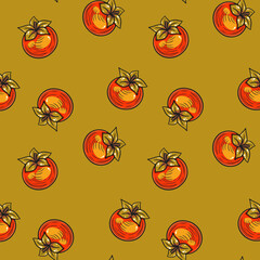 Seamless pattern with ripe orange persimmons, featuring whole fruits in a bright and fresh design, perfect for fabric, wallpaper, kitchen decor, ideal for fruit-themed and seasonal projects, olive 