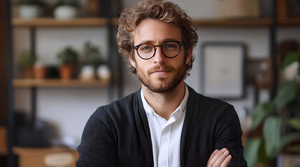 Fototapeta premium Businessman with curly hair and glasses in office 