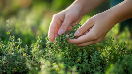 Hand Picking Fresh Green Thyme Leaves