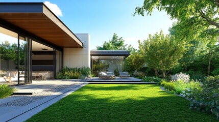 Modern architecture with outdoor patio and garden generative ai