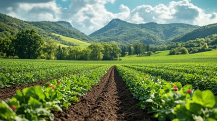 A field of green plants with rows of dirt and mountains in the background under a blue sky with white clouds.
